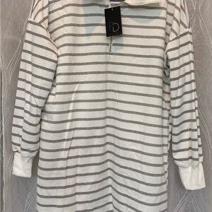Fred David Cream and Gray Striped Zip Collar Top
